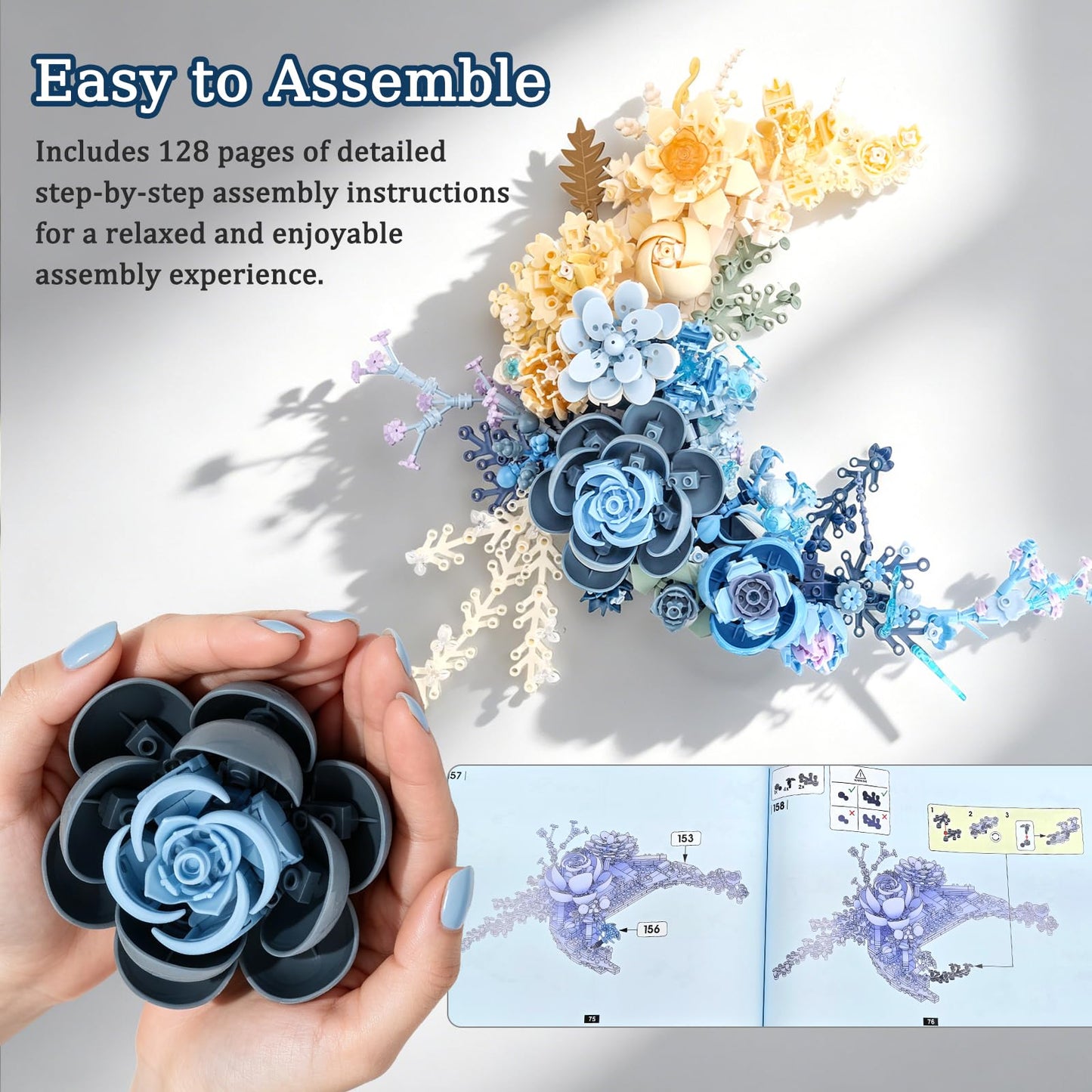 Blue Moon Flower Bouquet Building Set, Botanical Collection Artificial Flowers Building Blocks, Compatible with Lego Flowers for Adults - Gift for Christmas & Valentines, Décor Wall Art Decoration