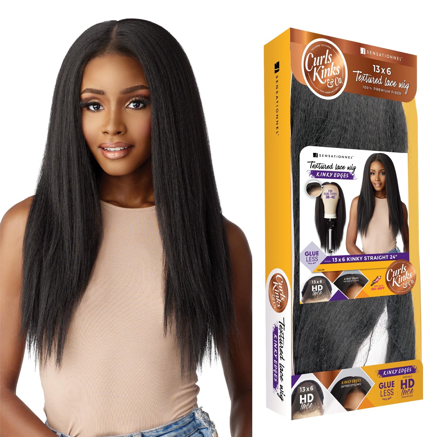 Sensationnel Curls kinksandco kinkyedges wig - kinky straight 24 inch 13x6 lace frontal natural kinkytexture edged hairline for natural 3c to 4c hair textures (1B OFFBLACK)