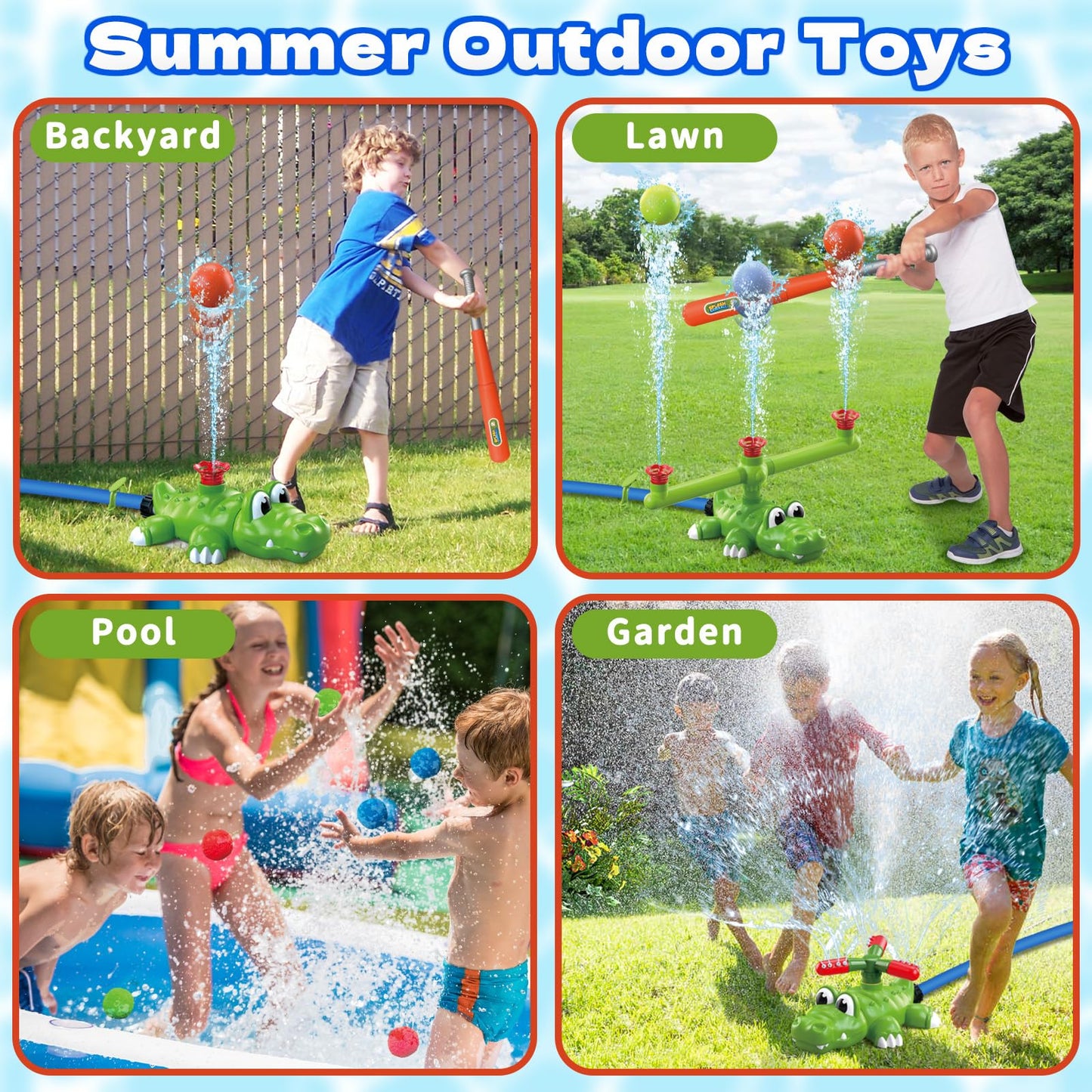 Intoypad 4-in-1 Kids Sprinkler Baseball & Water Ball Toy, Sprinkler with 3 Jets, 4 Baseballs & 6 Reusable Water Balls, Outdoor Summer Toys for Boys Girls Outside Yard Water Game Toys for Kids Ages 3-8