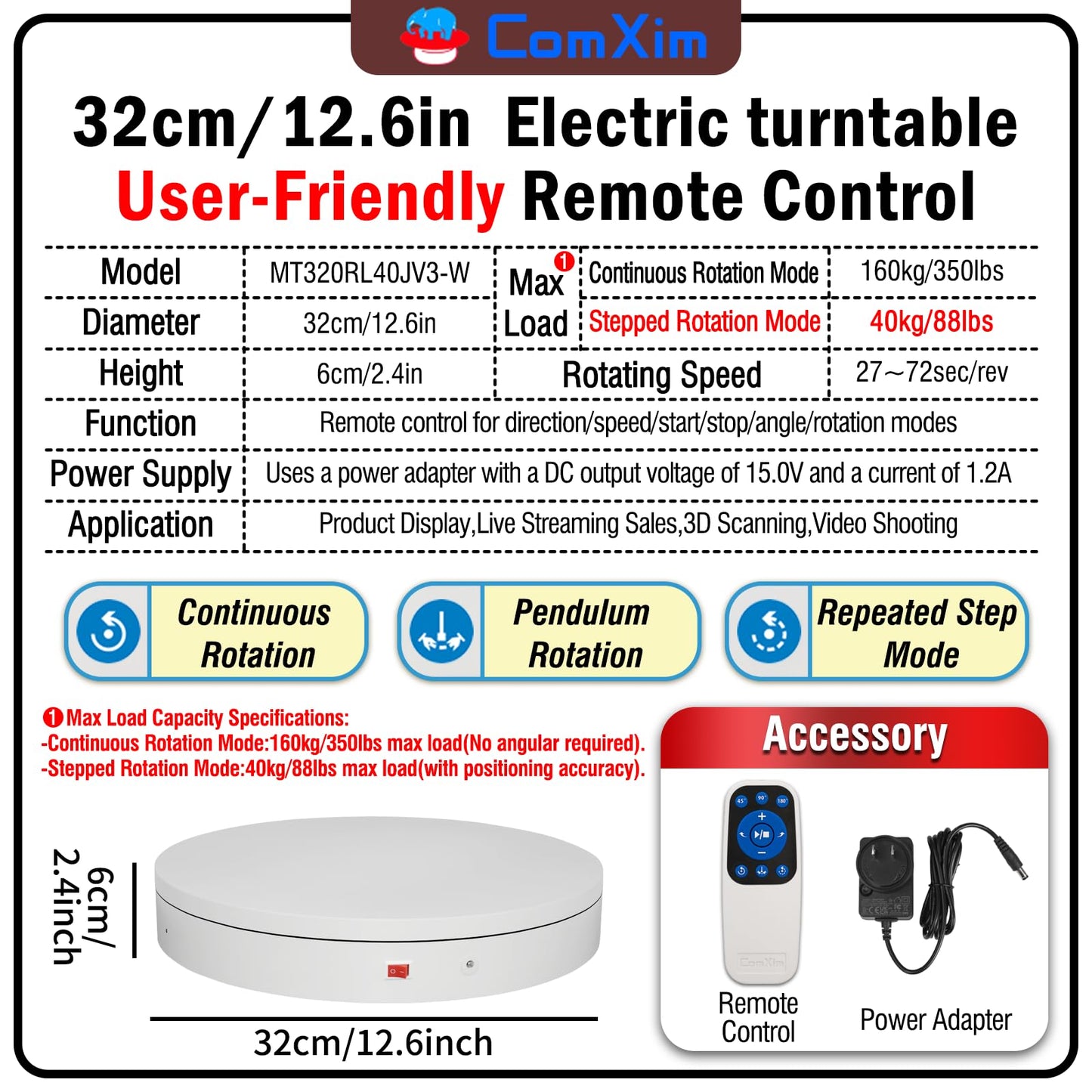 ComXim 12.6Inch/350lbs Capacity Large Rotating Platform,Remote Rotating Display Stand ,Electric Motorized Turntable,Photography Turntable,Heavy Duty Rotating Platform for Photography,3D Scanner,Exhibition