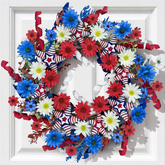 24" Patriotic Wreath for Front Door 4th of July Wreaths with Red White Blue Hand-Wrapped Star&Velvet Ribbon for 250th Anniversary USA Memorial Day, Independence Day Home Porch Wall Outdoor Decoration