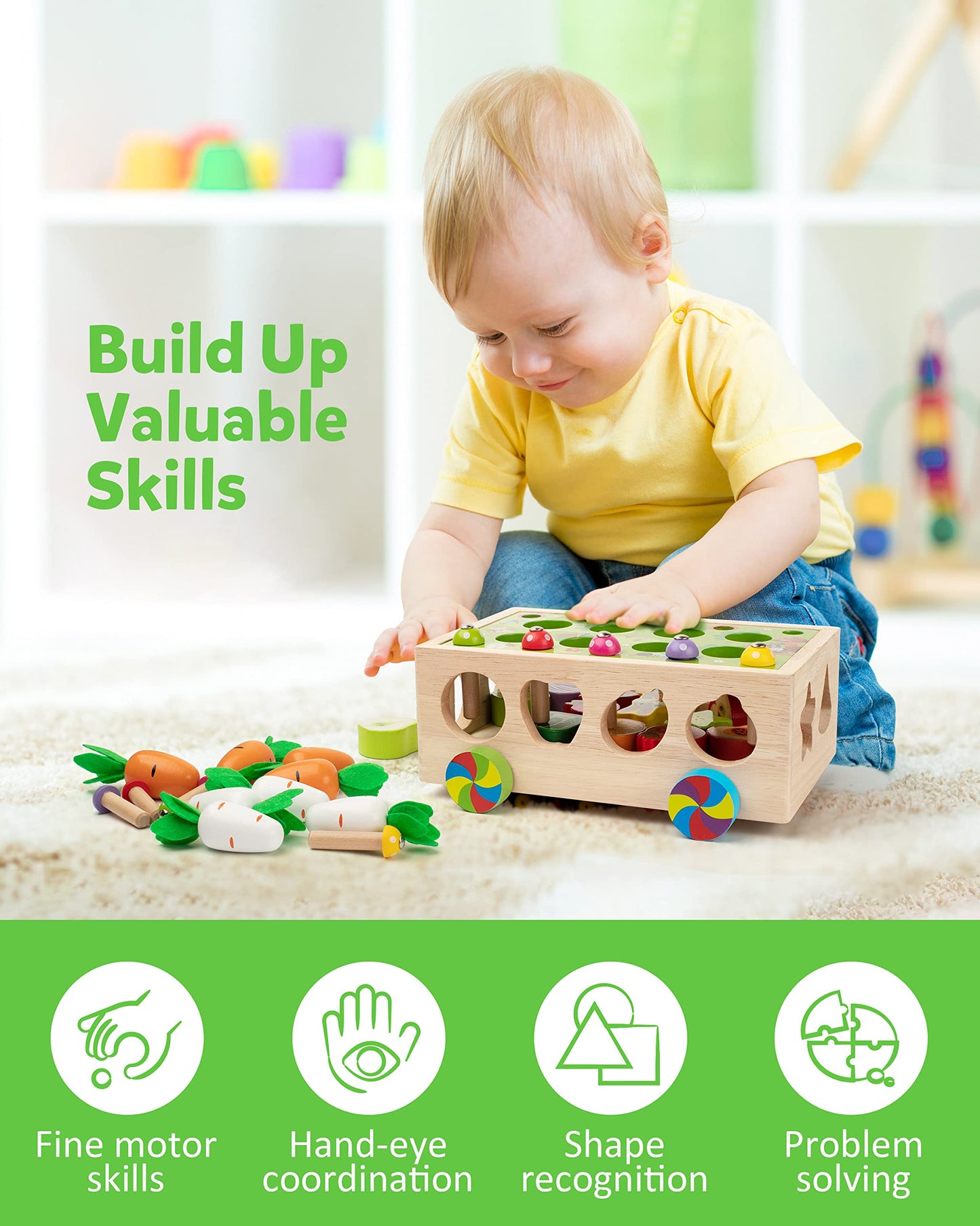 Coogam Montessori Fine Motor Toys for Baby Toddler, Wooden Shape Sorter Carrot Harvest Game, Preschool Learning Educational Gift Toy for Kids