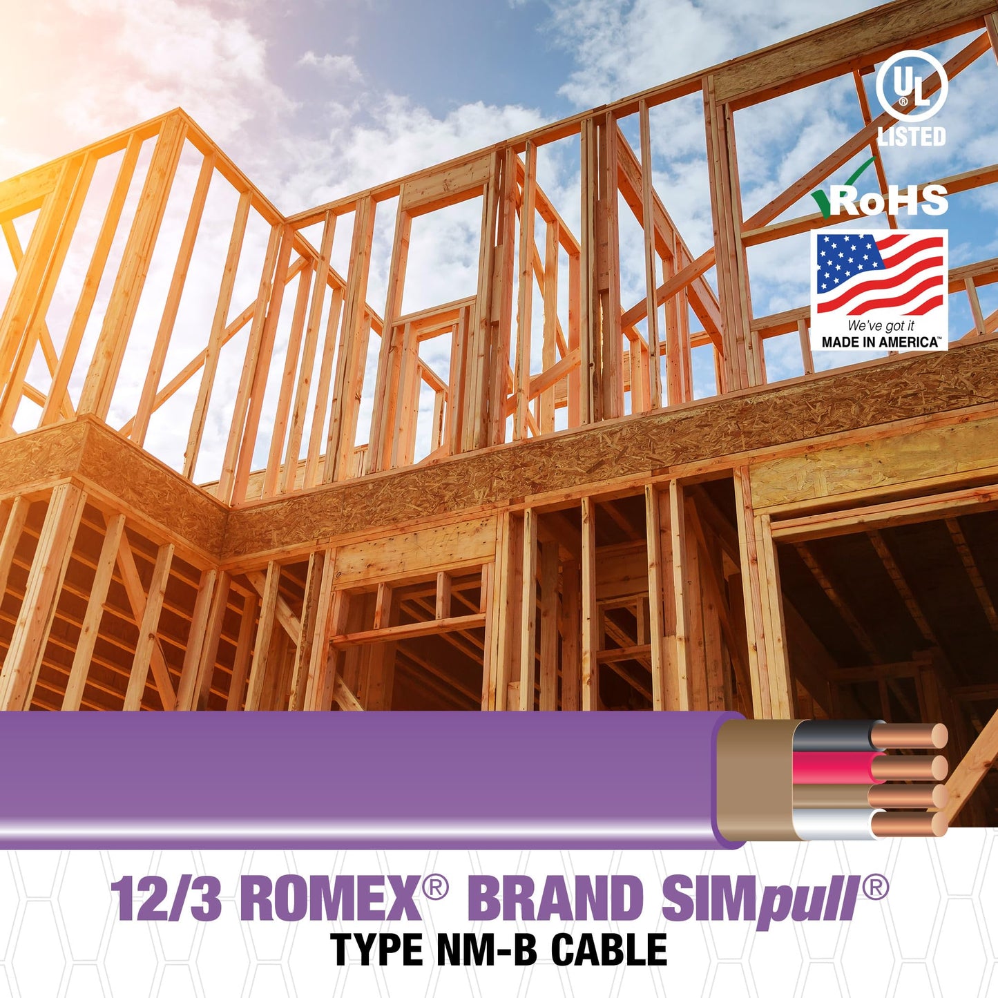 Southwire Romex SIMpull Residential Wire, 12 Gauge, 3 Conductor, 50 Ft, /G NM-B Cable, Purple, 63947822