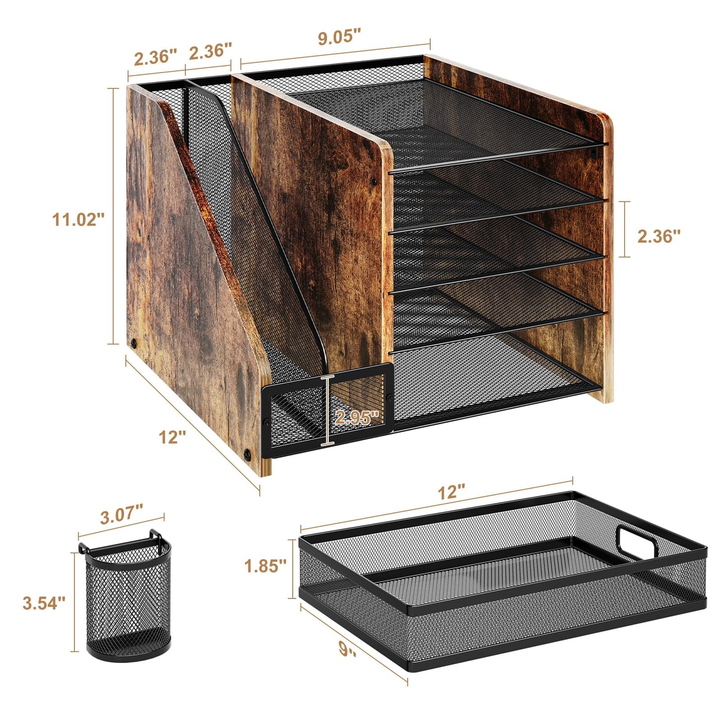 Marbrasse Desk Organizer with File Holder, 5-Tier Paper Letter Tray Organizer with Drawer and 2 Pen Holder, Mesh Desktop Organizer and Storage with Magazine Holder for Office Supplies (Wood-Brown)