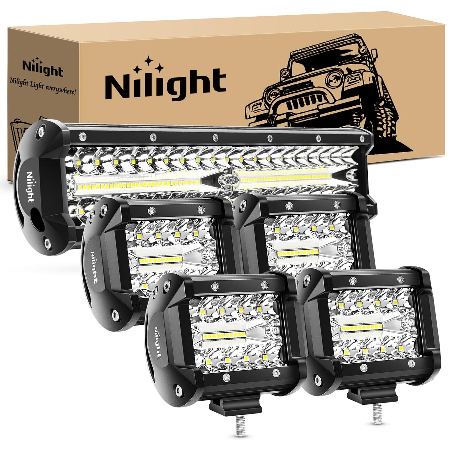 Nilight LED Light Bar 12 Inch 300W 4Pcs 4 Inch 60W Spot Flood Pods Off Road Driving Fog Work Lighting for Truck Tractor Pickup Boat SUV ATV UTV Car 4x4 Van Camper Motorcycle Dirt Bike Golf Cart