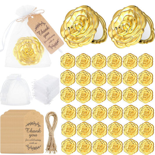 Woanger 36 Set Rose Compact Mirrors Bulk Wedding Favors Including Rose Shape Mirrors and Thank You Tags Jute Twine with White Organza Bag for Quinceanera Wedding Party Guests Souvenir Gift(Gold)