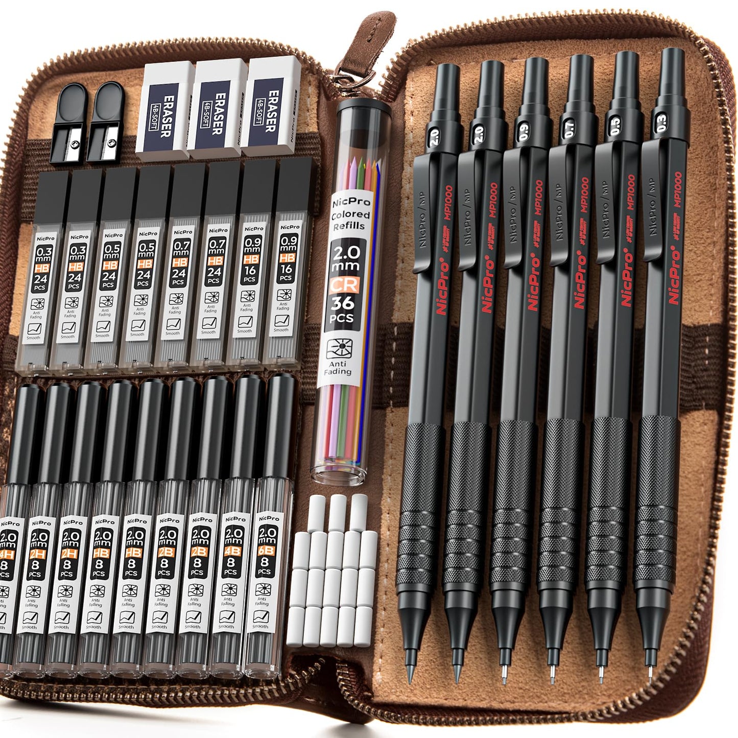 Nicpro 33PCS Black Metal Mechanical Pencil Set in Leather Case, Art Drafting Pencil 0.3, 0.5, 0.7, 0.9 mm, 2mm Lead Holders for Sketching Drawing with 18 Tube (6B 4B 2B HB 2H 4H Colors) Lead Refills