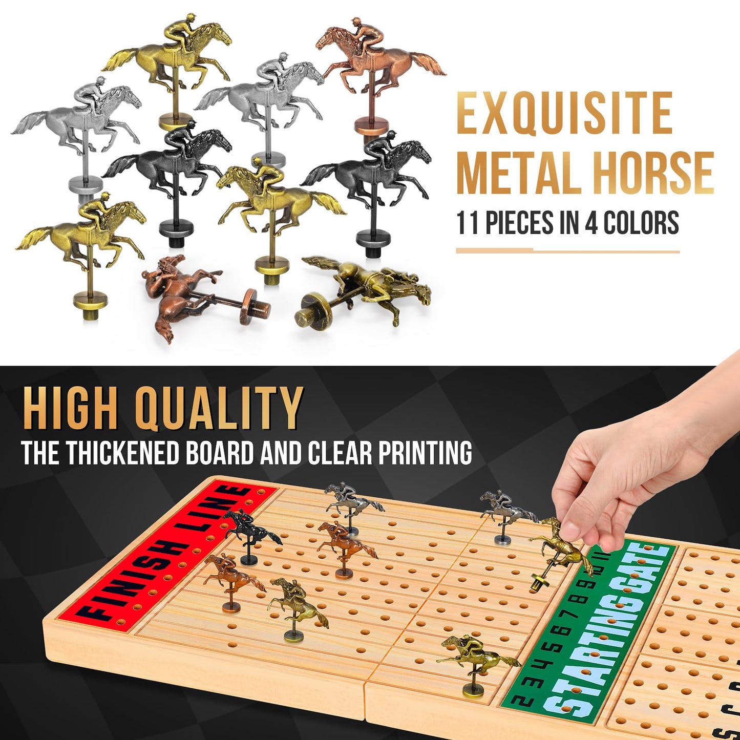 Toidgy Large 21 Inches Horse Race Board Game, Horse Racing Games with Cards and Dice & 11 Luxury Metal Horses, Thickened Wood Chessboard, Classic Wooden Table Top Board Games for Adults and Family