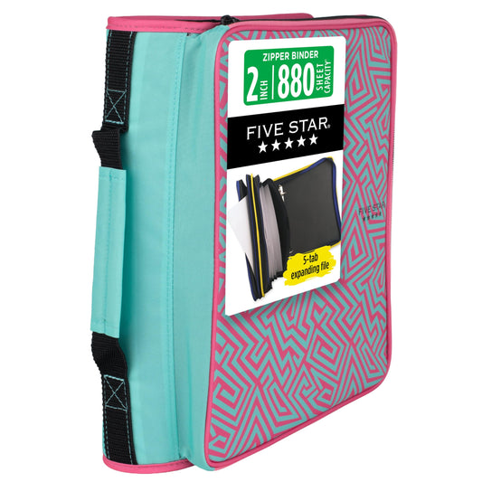 Five Star Zipper Binder 2 Inch O-Rings Case Organiser with Multi-Access and 5-Tab Expanding File Folder, 850 Sheet Capacity, Taffy Twist (290010J)