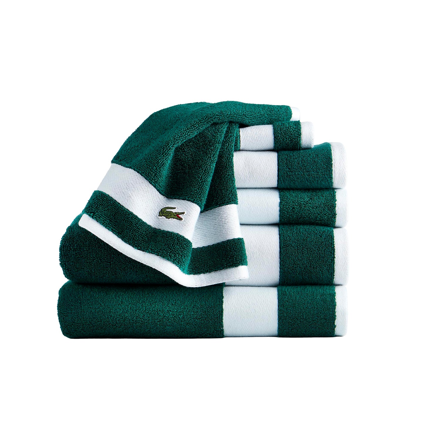 Lacoste Sport Stripe 6-Piece Luxury Cotton Towel Set – Made with 100% Soft Supima Cotton, Absorbent & Quick-Drying, Includes 2 Bath Towels, 2 Hand Towels, 2 Washcloths, Croc Green