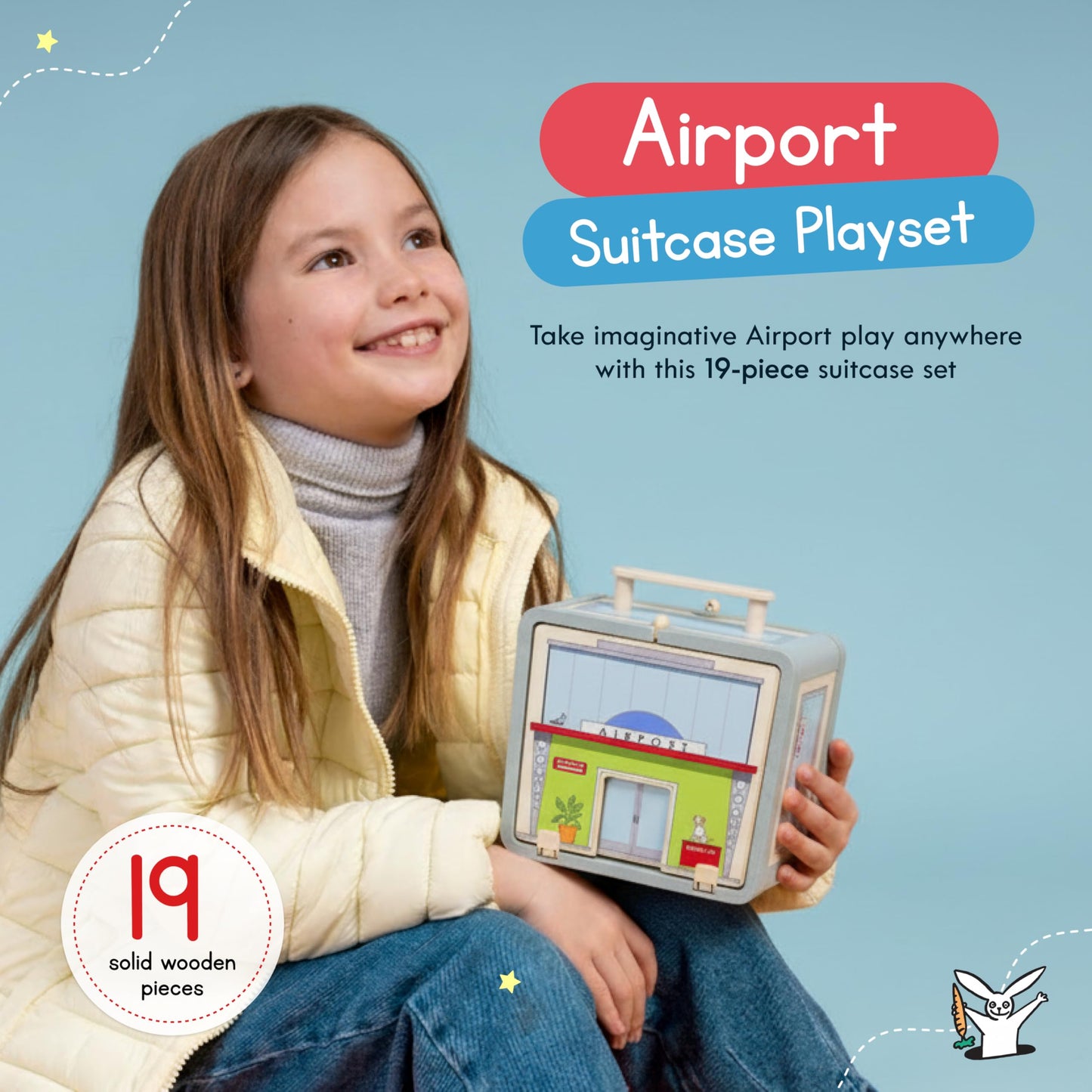 Jack Rabbit Creations Airport Suitcase Playset 19 Eco-Friendly Wooden Figures- Travel Toys- Includes Airplanes, Luggage Cart, Pilot, Flight Attendant, Cones, Gate and Service Dog- Boys and Girls