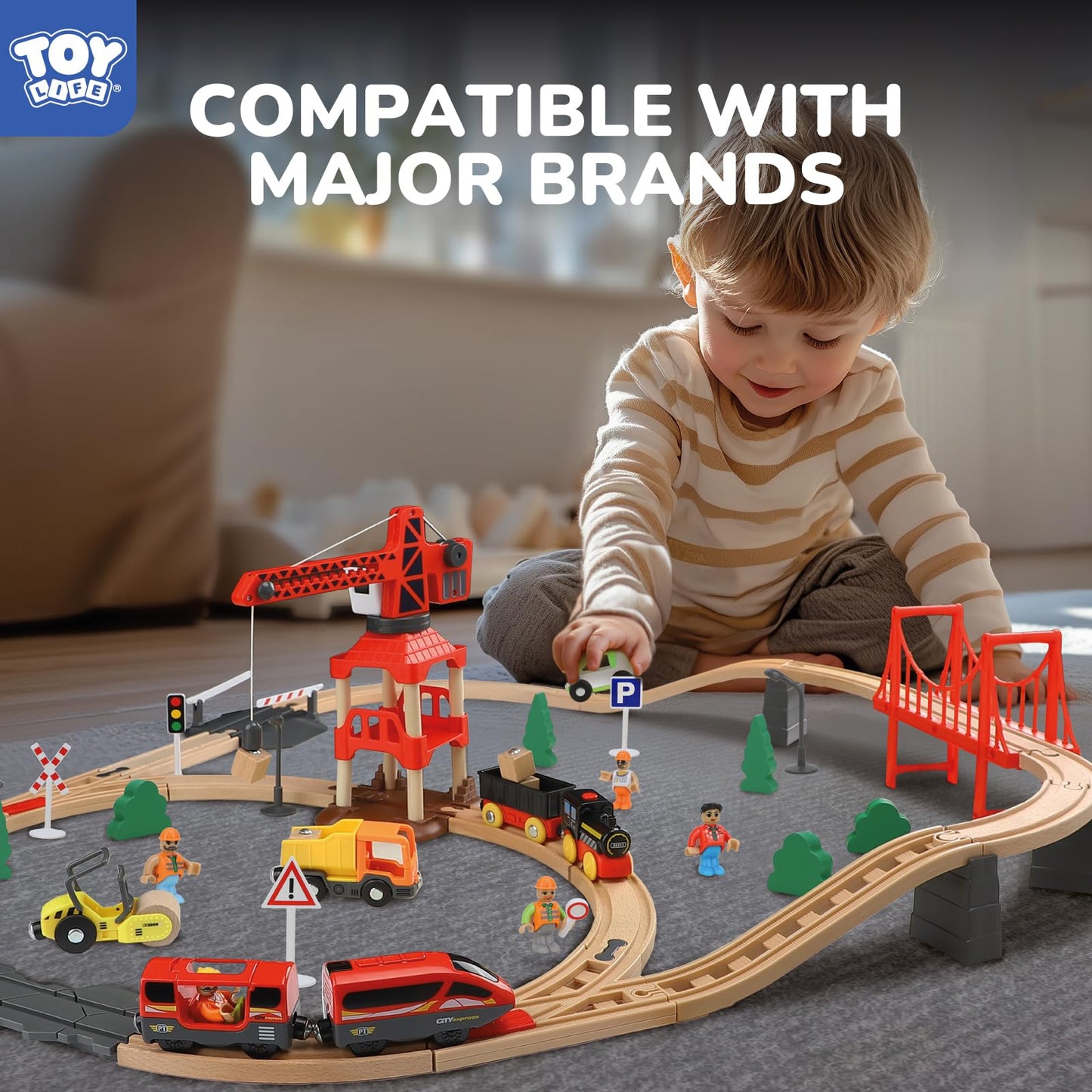 TOY Life Train Set 80pcs with Crane & Locomotive Train Toy, Wooden Train Tracks Toys for Toddlers Boys Girls 3 4 5, Wood Toys Gift Toddler Train for Kids 4-8 - Fits Thomas Brio Chuggington
