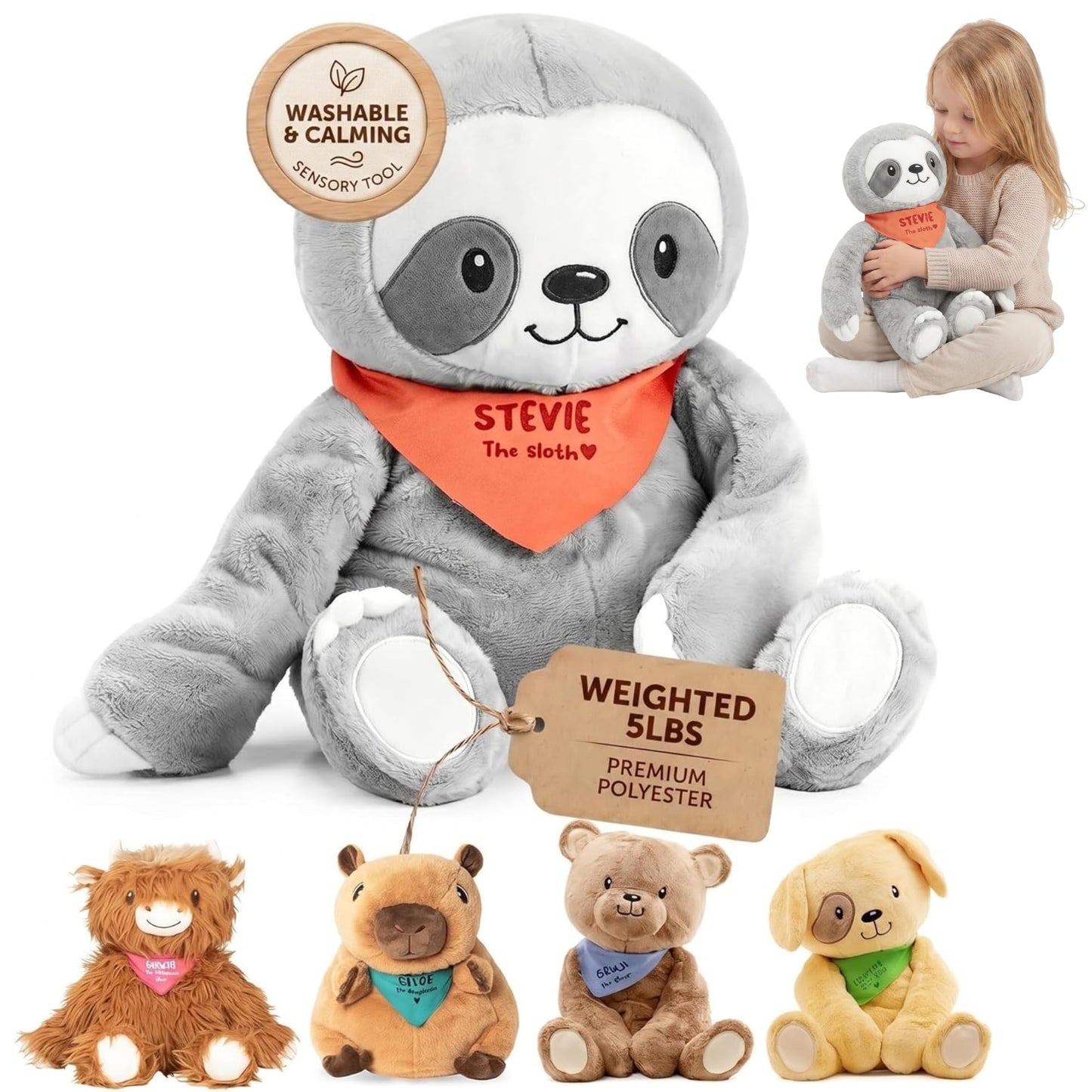 Lilly's Love Weighted Stuffed Animal, 5lb | Sensory Plush for Kids & Adults | Machine Washable Plushie w/Removable Inner | Calming Weighted Stuffed Animal for Anxiety, Stevie The Sloth