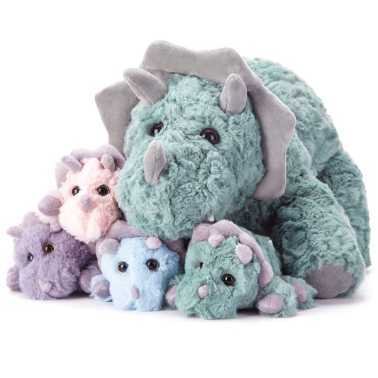 EARTHSOUND Triceratops Dinosaur Mom and Baby Stuffed Animal Mommy Plush,18" Cute Small Mama Soft Toy with Little Babies,Gift for Kid (Triceratops)