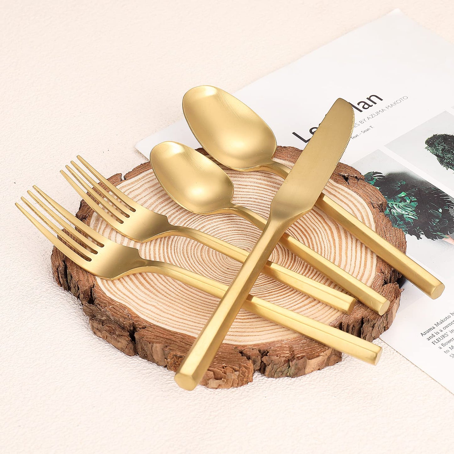 Zerophilo Matte Silverware Set Gold Flatware Set with Hexagon Handle 20 Pieces 18/0 Stainless Steel Cutlery Set Wedding Housewarming Gift Service for 4 (Matt gold)