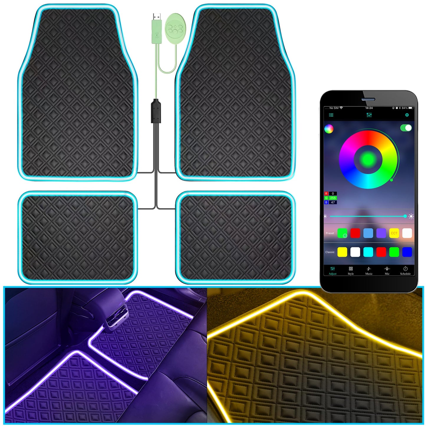 Car Floor Mats with Led Strip Light, Premium Universal Fit Black Automotive Carpet, Interior Car Lights Floor Mats,App Control Faux Leather Anti-Slip Waterproof Neon Car Decor Accessories for SUV Etc.