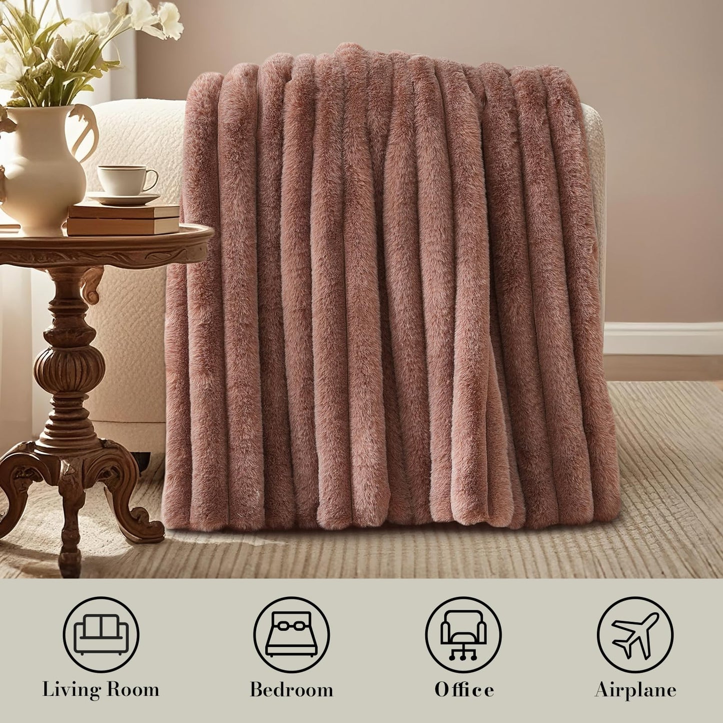 Amelie Home Faux Fur Throw Blanket for Couch, Ultra Cozy Fuzzy Fluffy Fur Luxurious Soft Striped Plush Gift Blankets for Family Sofa Chair Bedroom, 55"x70", Ionic Fox Brown