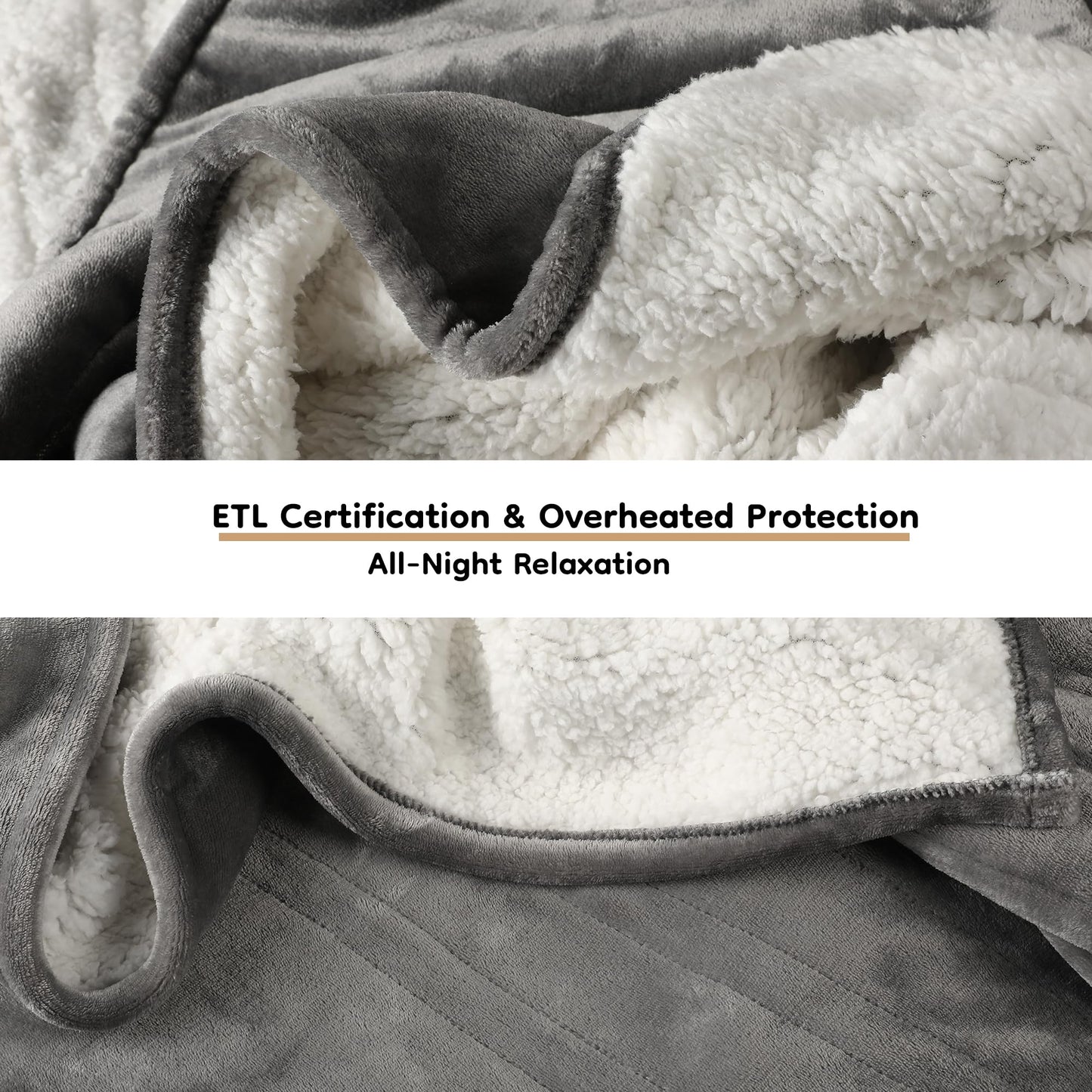 LaffyLo Electric Heated Blanket Full Size 72"x 84", Flannel & Sherpa for Bed, Sofa and Couch, ETL Certified, 10 Heat Settings, 1-12H Timer, Overheat Protection, Machine Washable, Light Grey