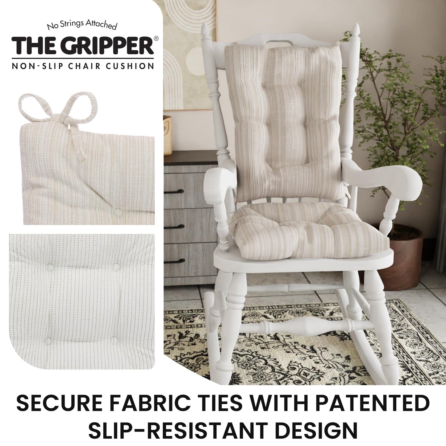 Klear Vu The Gripper Non-Slip Rocking Chair Cushion Thick, Includes Seat Pad & Back Pillow with Ties for Indoor Living Room Rocker, 17x17 Inches, 2 Piece Set, Cream