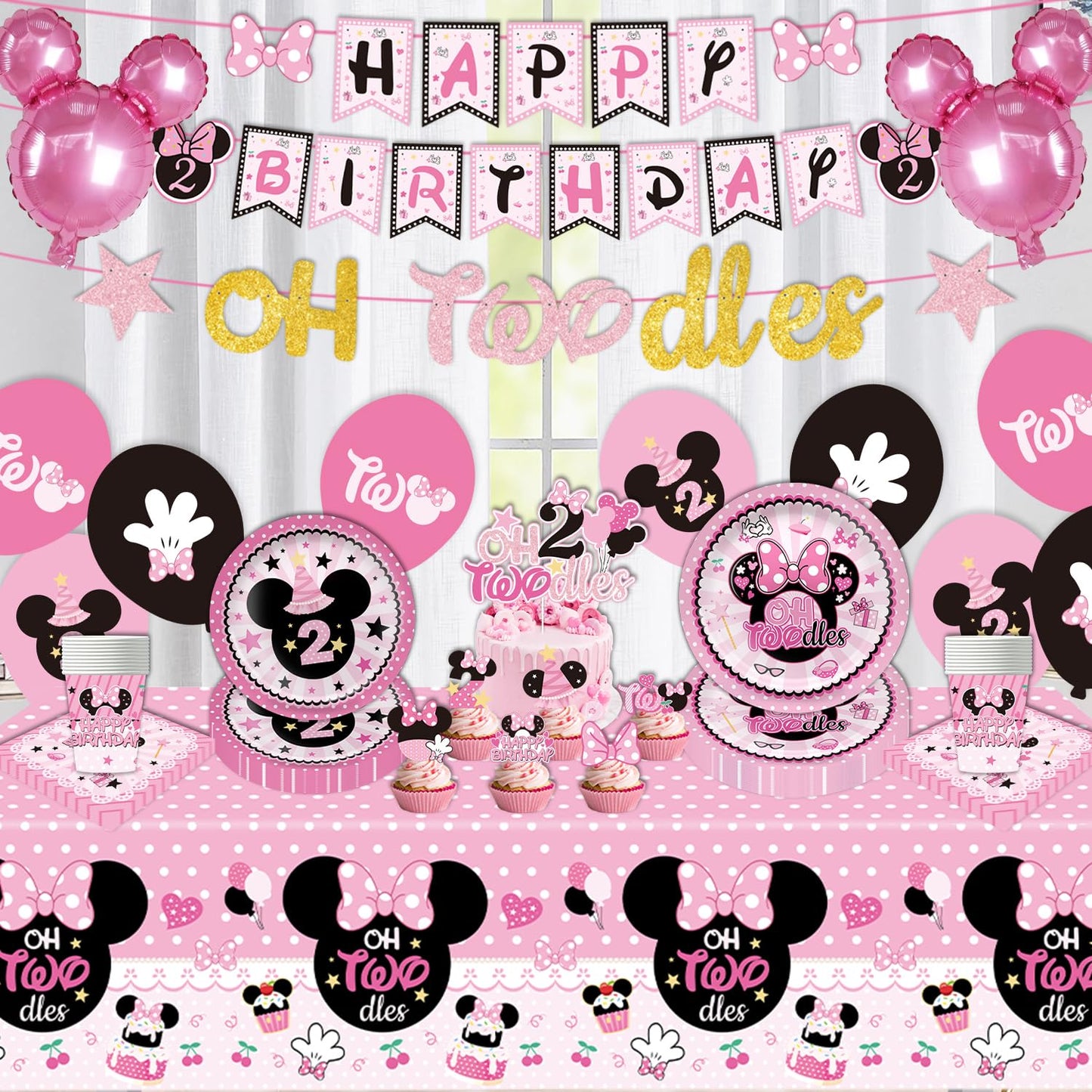 108Pcs Pink Mouse Birthday Decorations Tableware Oh Twodles Birthday Party Supplies Include Banner Plates Napkins Cups Balloons Cupcake Toppers Cake Topper and Waterproof Tablecloth