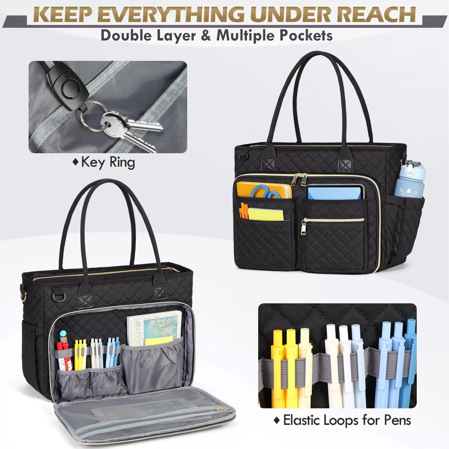 RAINSMORE Teacher Tote Bag 15.6 inch Laptop Bag for Women Work Bag Laptop Tote Nurse Bag Professional Computer Messenger Bag with Insulated Pocket, Laptop Briefcase for Office, College, Nursing, Black