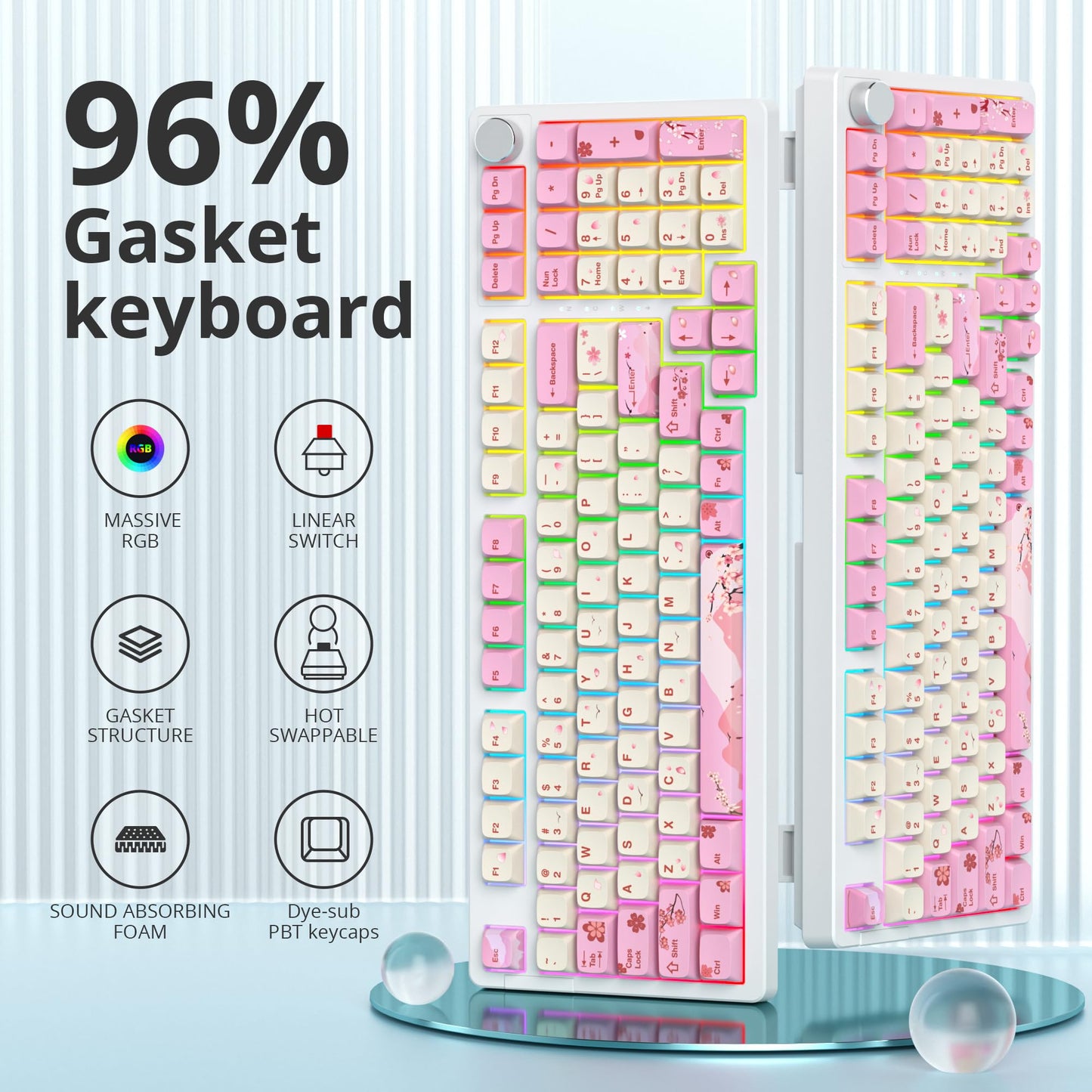 SbocKeeb 96% Wired Mechanical Gaming Keyboard,Gasket Structure RGB Backlit Keyboard,98 Key Hot Swappable Keyboard with Control Knob,NKRO Compact Keyboard with Number Pad for Win/Mac(98 Flower)
