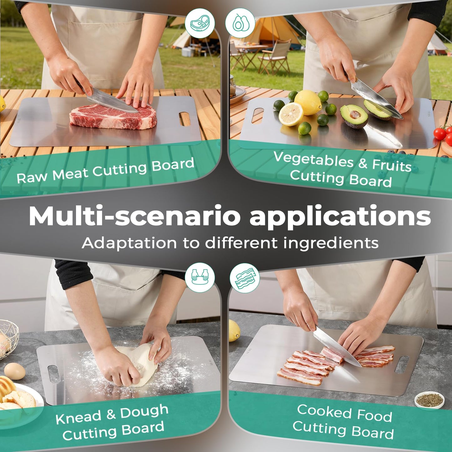 Katori Titanium Cutting Board - Upgraded 100% Pure Titanium Cutting Boards for Kitchen Non Toxic, Double Sided Food Grade Hygiene Non Moldy Dishwasher Safe Meat Fruit Metal Board (3PC S+L+XL)