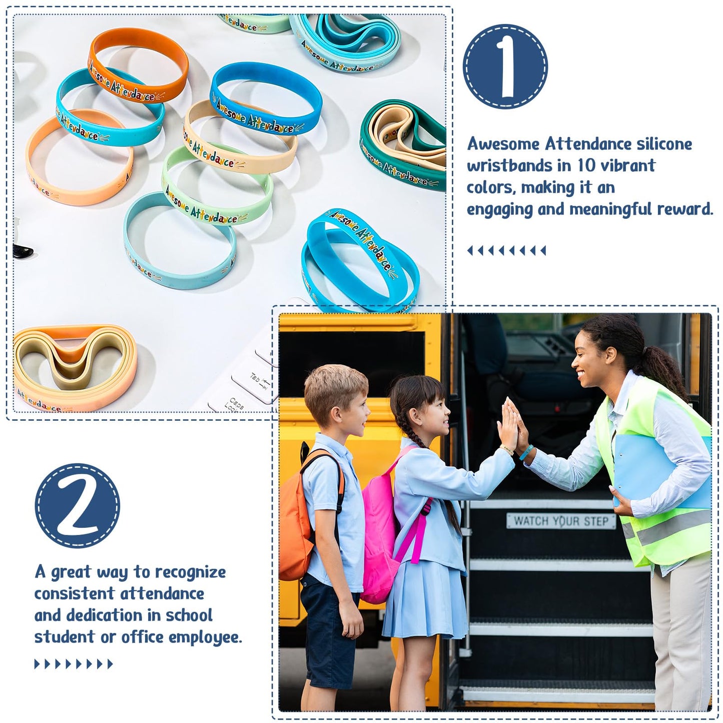 Dunzoom 200 Pcs Awesome Attendance Wristbands for Students, Perfect Attendance Awards for Classroom Prizes, Unisex Stretch Silicone Motivational Wristbands for Student from Teacher Classroom Prizes