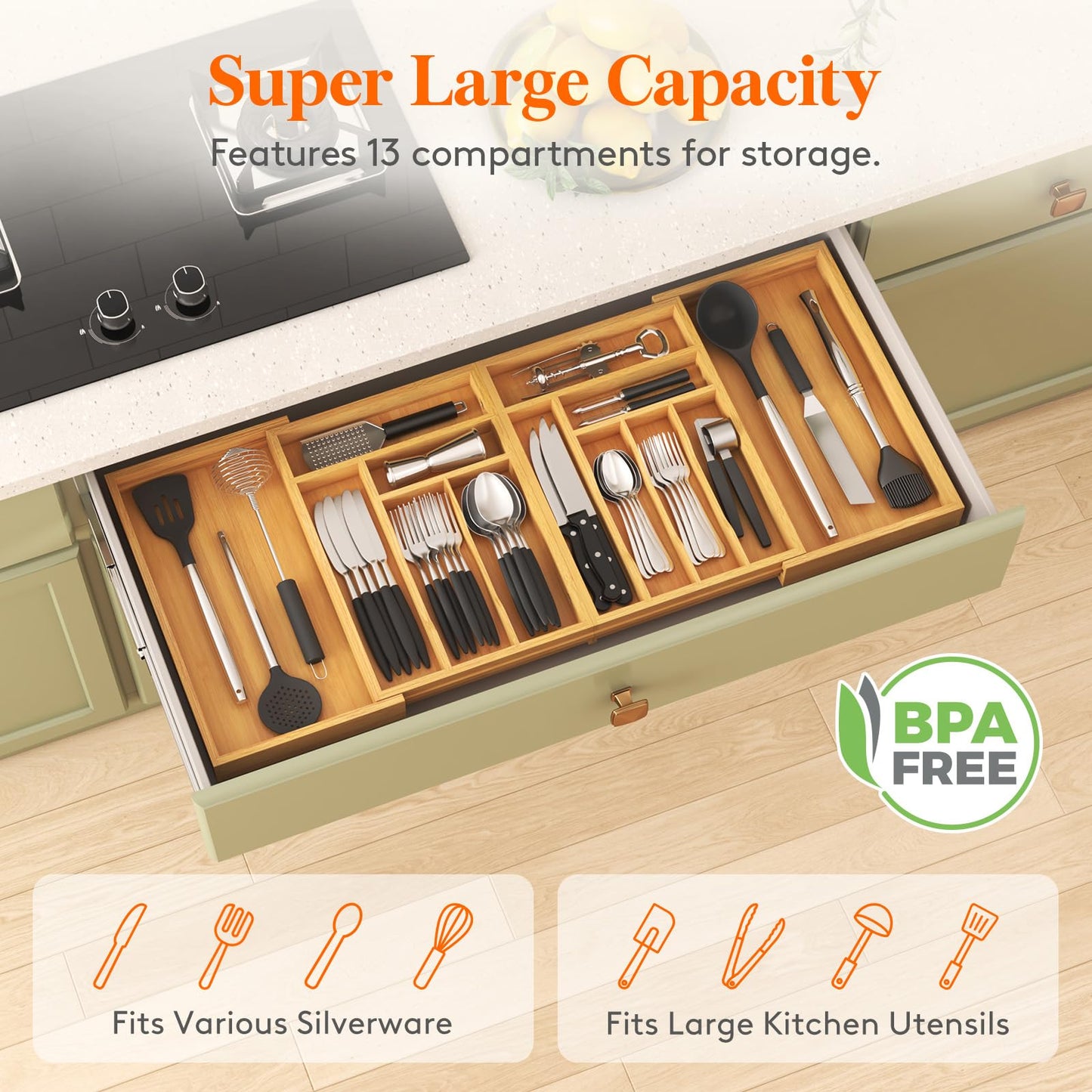 Lifewit Large Silverware Drawer Organizer, Expandable 21.4 to 36 Inches Wide, Bamboo Utensil Tray for Kitchen, Adjustable Flatware and Cutlery Holder for Spoons Forks Knives, 13 Compartments, Natural