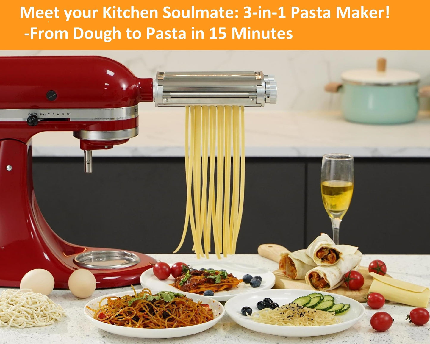 FavorKit Pasta Maker Attachment for KitchenAid Stand Mixers,Sturdy 3 in 1 Set Included Pasta Sheet Roller, Spaghetti and Fettuccine Cutter Accessories-Unique Design