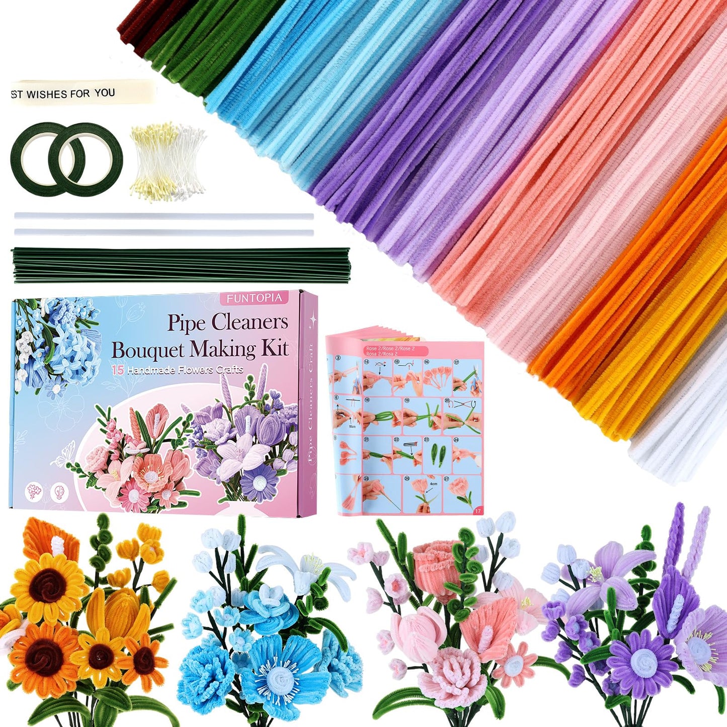 540Pcs Pipe Cleaner Flower Kit, Pipe Cleaners Craft with 15 Designs Guiding Book, Flower Making Kit with Chenille Stems & Floral Wires, Mothers Day Birthday Gift for Mom Women Her (Multicolor, 30cm x 7mm)