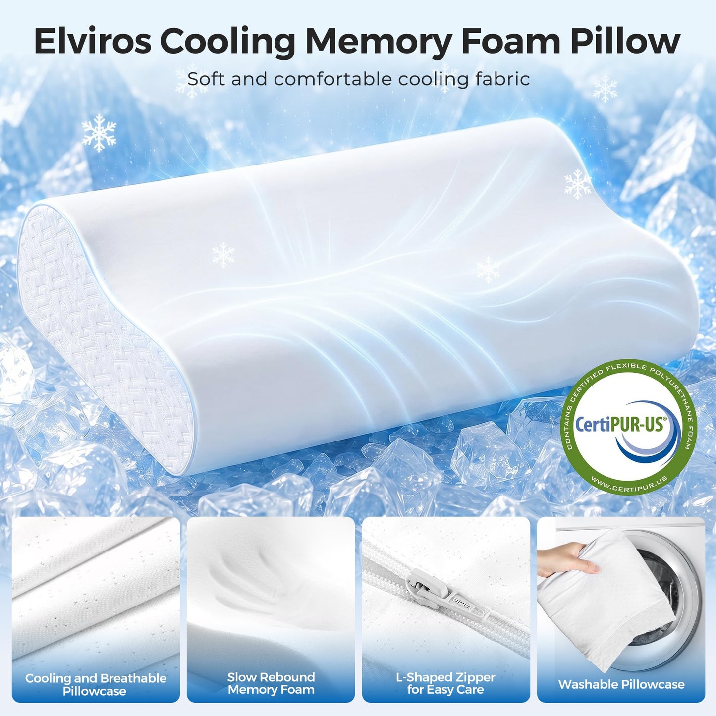 Elviros Cooling Memory Foam Pillow with Breathable Cover, Adjustable Height Bed Pillow for Neck Support, Ergonomic Cervica Neck Pillow for Side Stomach and Back Sleeper, Queen Size, 23.6"×14"×5.3"