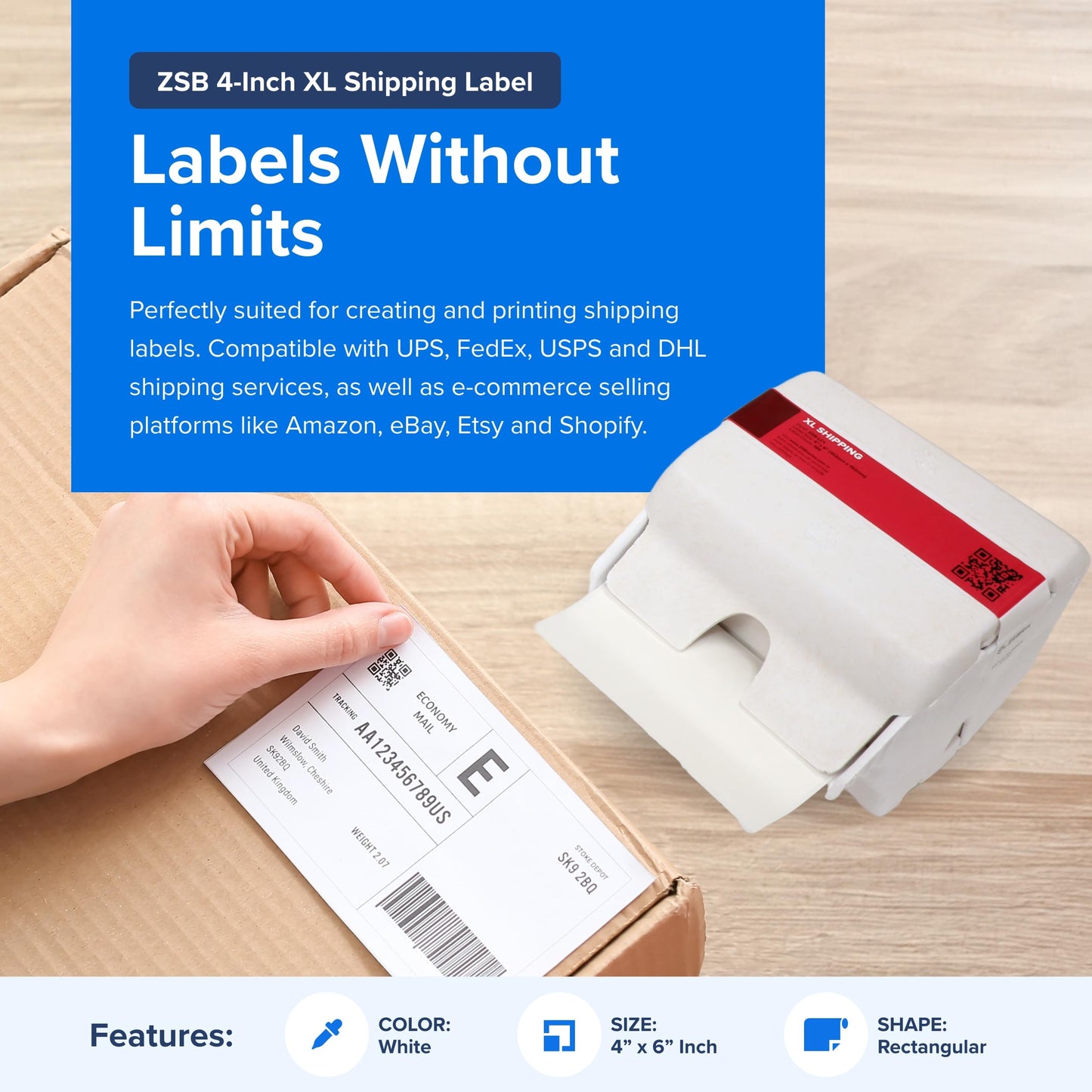 ZEBRA ZSB Series Labels - Potato Starch-Based Printer Label Paper - Recyclable Cartridge for Stickers - Versatile, Cloud-Based Adhesive - Shipping, 4" x 6"
