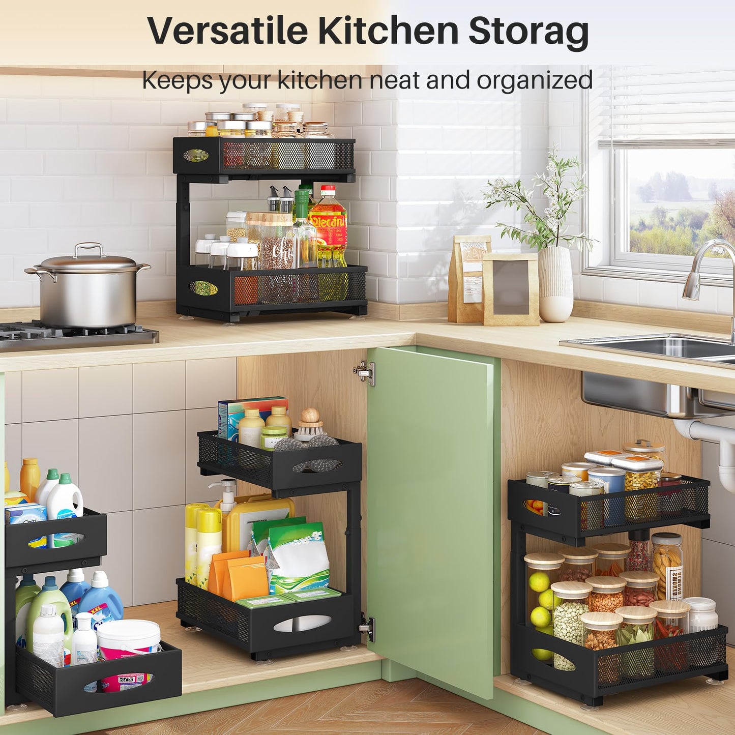 Under Sink Organizer, 2 Pack 2 Tier Pull out Cabinet Organizer Baskets with Mesh Sliding Drawers, Slide out Sink Storage Shelves for Home, Kitchen, Bathroom, Pantry, Office Organizers and Storag,Black