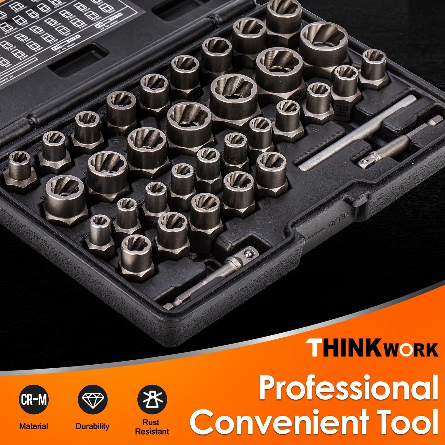THINKWORK Easy Out Bolt Extractor Kit, 35 PCS Nut Extractor Socket Set, Lug Nut Remover Tool for Damaged, Broken, Rusted, Rounded-Off Bolts, Nuts, Screws