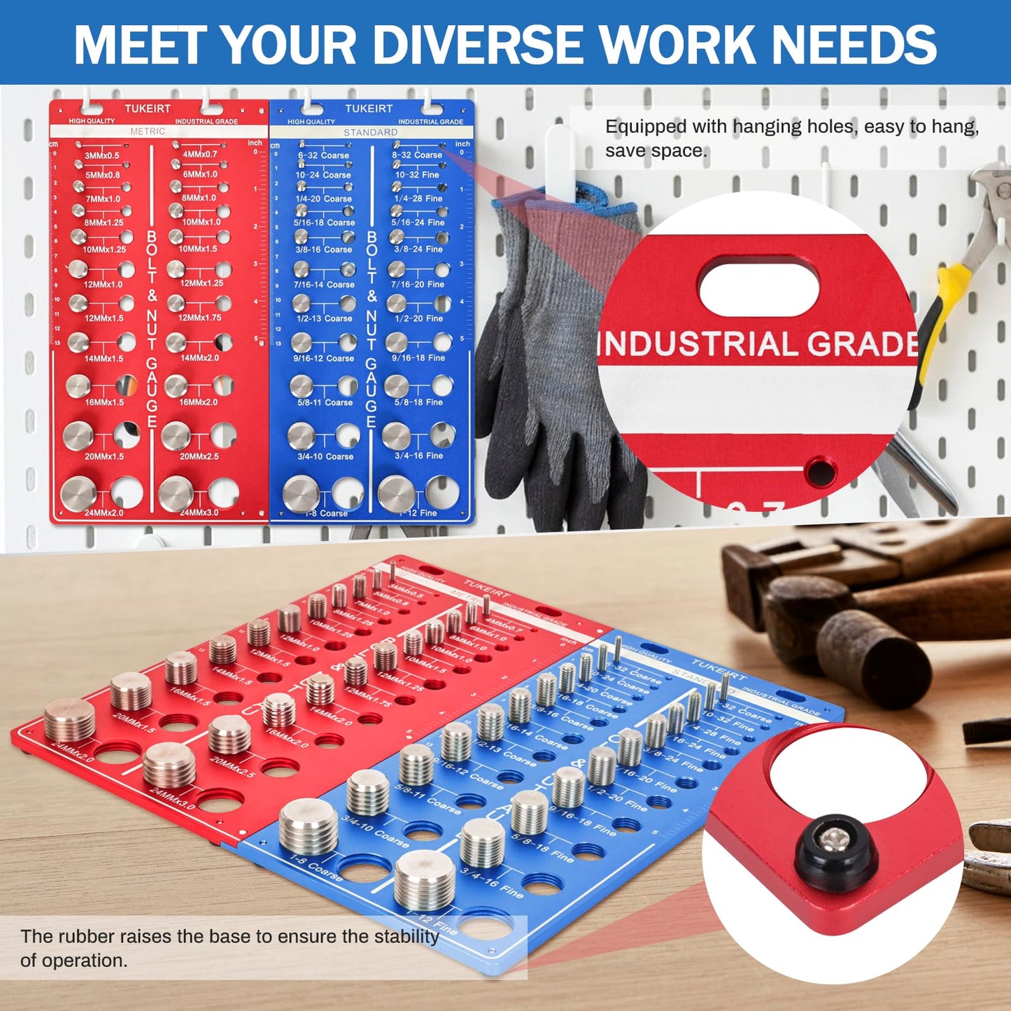 44 Nut and Bolt Thread Checker, 2 in 1 Bolt and Nut Identifier Gauge, Bolt Size and Thread Gauge with Metric and Standard,Inch and Centimeter Double Scale (Red + Blue)