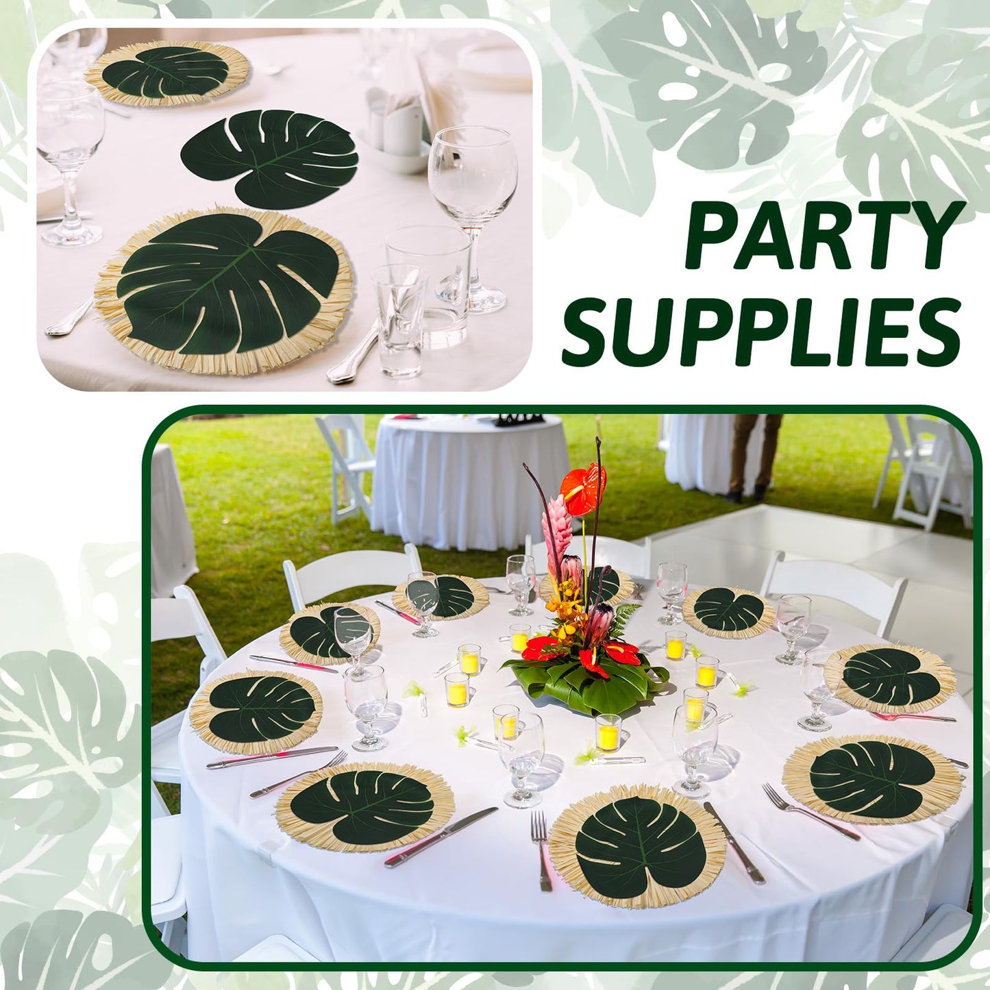 Sunnychicc 24 Pack Luau Placemats and Palm Placemat, Round Luau Fringe Place Mats Tropical Palm Leaf Place Mats Bulk Summer Hawaiian Plate Chargers Table Placemats Tropical Party Supplies