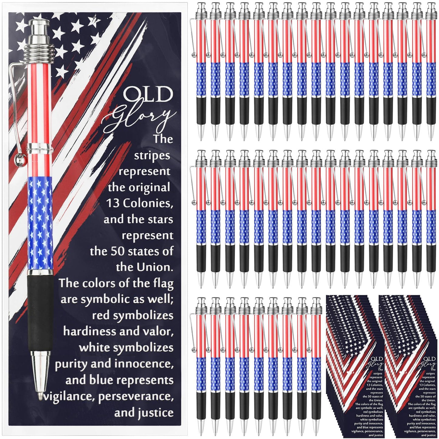 Motiskyy 100 Sets Patriotic 4th of July Gifts American Flag Ballpoint Pens Bulk Independence Day USA Pen with Bookmarks 250th Anniversary Party Favors for Home Office Veterans Souvenirs Supplies