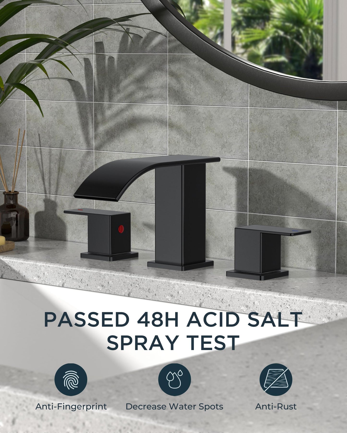FORIOUS Square Matte Black Bathroom Faucets 3 Hole, Waterfall 8 Inch Widespread Bathroom Sink Faucet with Metal Pop-up Drain and Supply Lines, Two Handles for Vanity, RV, Farmhouse