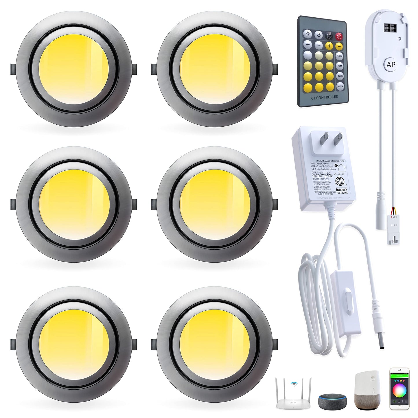 Smart Puck Lights LED Under Cabinet Lighting 2700k-6500k Dimmable Works with Alexa,Google Home,APP & Remote,12V,2W/pc,Recessed Kitchen Lamp Plug In for Counter,Display Shelf,2.5Inch Cutout,6pcs,Sliver