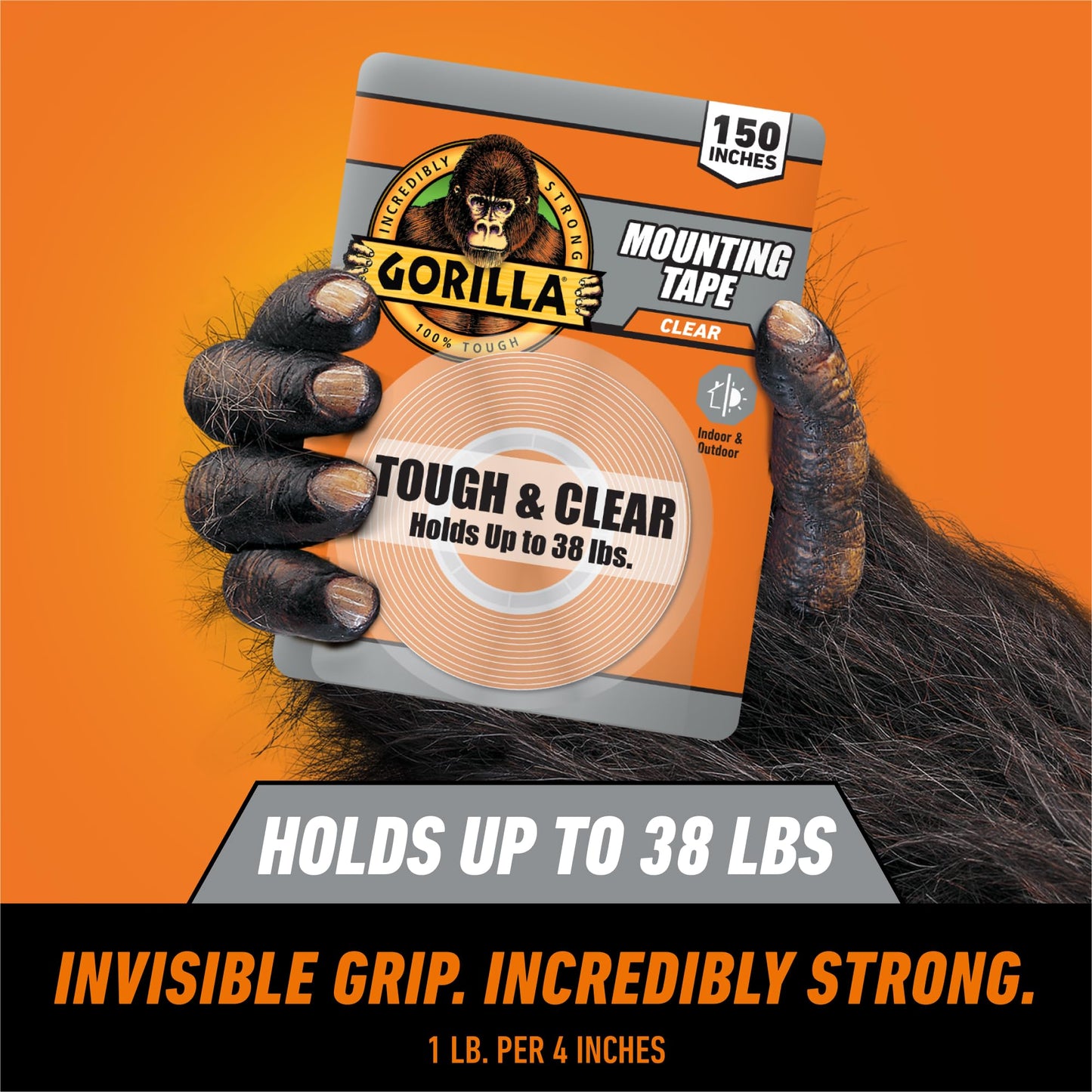 Gorilla Invisible Hold Mounting Tape, 1" x 150" (Pack of 4), Clear Double Sided Tape for Strong, Permanent Indoor & Outdoor Hanging