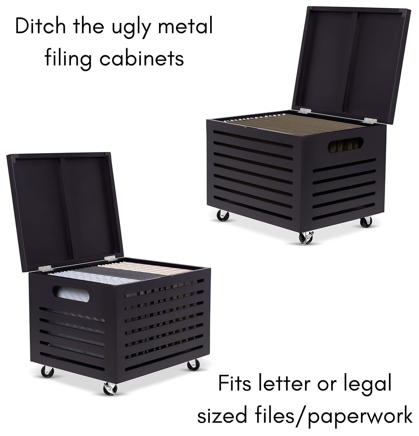 BIRDROCK HOME Bamboo Rolling File Storage Organizer Box with Lid - Decorative File Cabinet on Wheels, Portable File Box on Wheels, Mobile Filing Solution - Café Noir