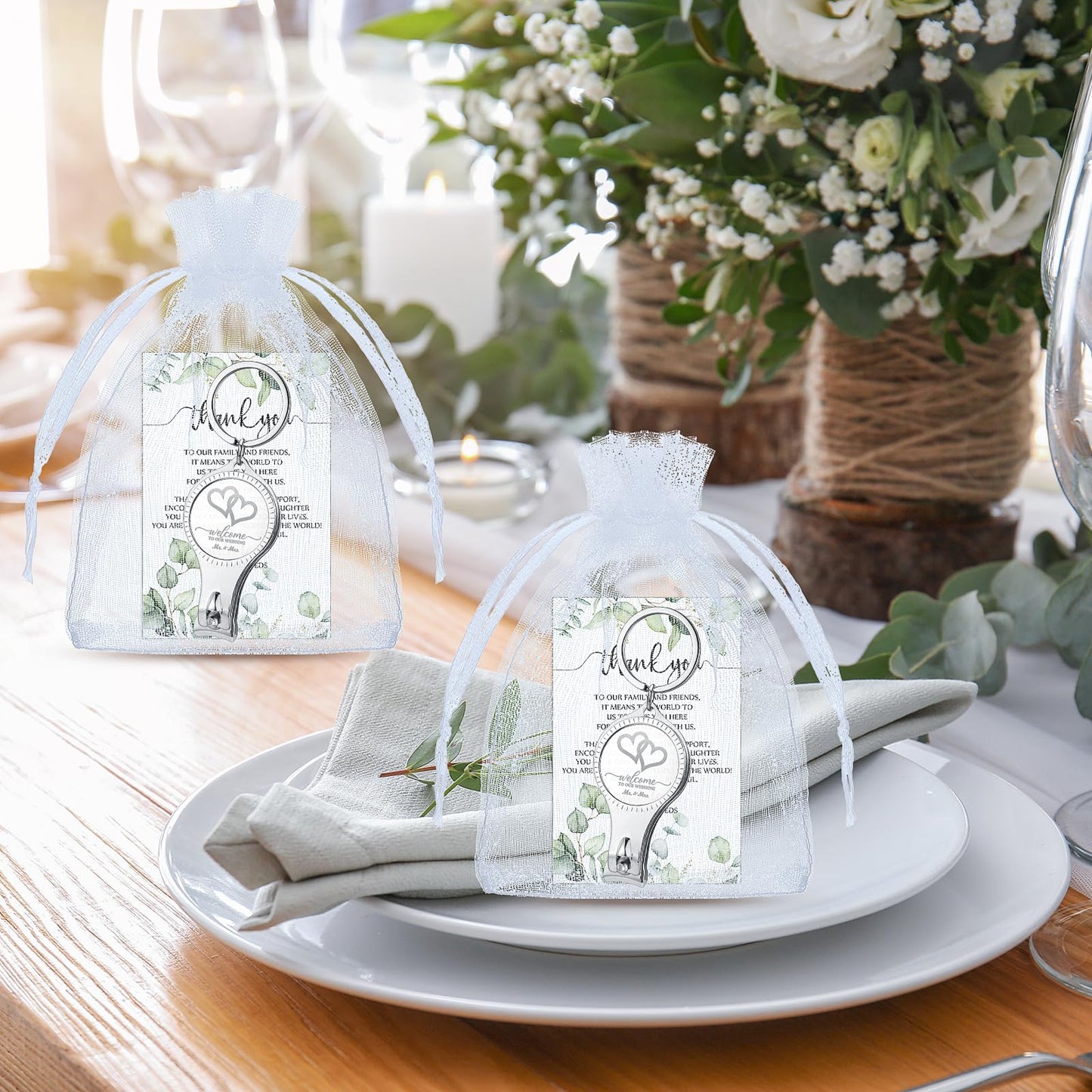 Fulmoon Wedding Multi Function Bottle Opener Nail Clipper Wedding Favors Brewery Cards White Organza Bags for Party Supplies Gift Souvenir Guests Men Women(100 Sets)