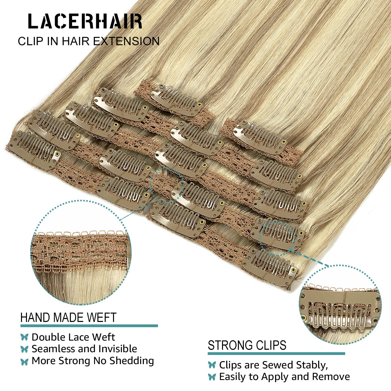 Lacer Clip In Hair Extensions Real Human Hair 20 Inch Light Brown Highlighted Platinum Blonde Thick Silky Straight Remy Human Hair Clip in Extensions 7 Pieces 120 Gram