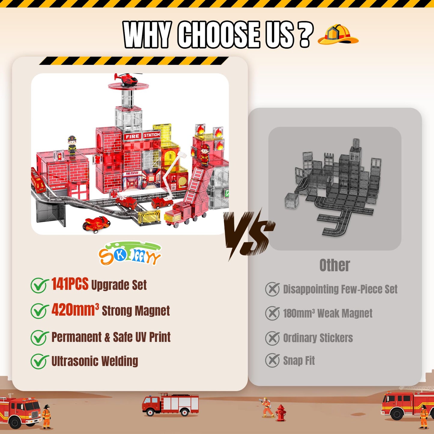 141 Pcs Magnetic Tiles for Kids, Fire Rescue Themed Magnetic Tiles with Fire Station and Fire Rescue Vehicles, STEM Magnetic Tiles for Kids Ages 4-8
