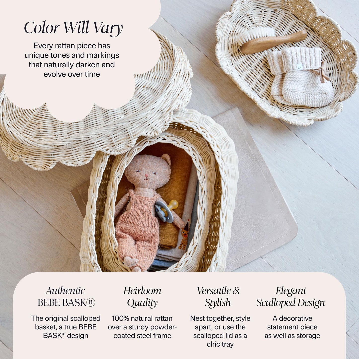 BEBE BASK The Original Scalloped Basket Set Of 2 – Small Scallop Basket - 15 x 10 x 6 In - Hand-Woven & Award-Winning - Elegant Wicker With Scalloped Edge Lid - Nursery Storage - (Natural)