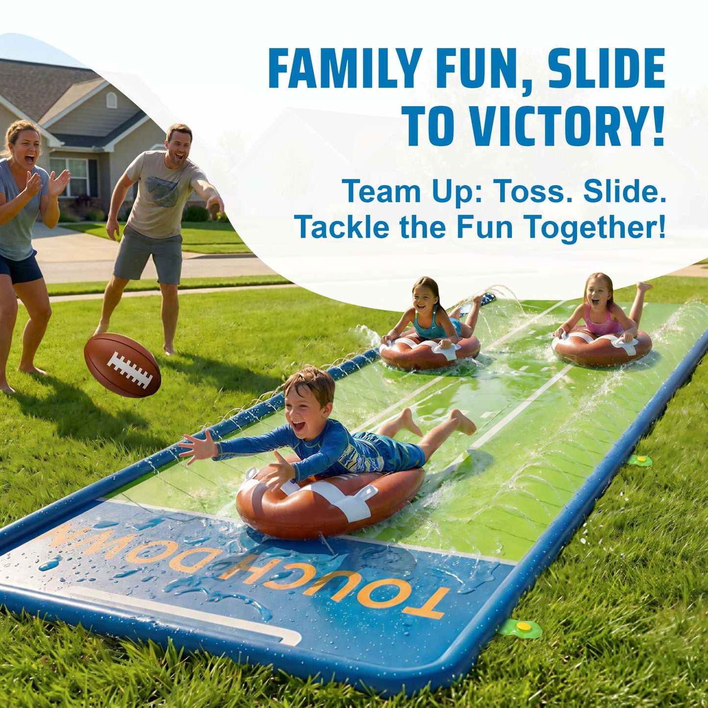 Funscape Kids Backyard Triple Water Slide 20ft Water Slide with 3 Body Boards Inflatable Football Outdoor Lawn Slip and Slider Yard Game with Splash Summer Fun Family Party Gift for Boys Girls