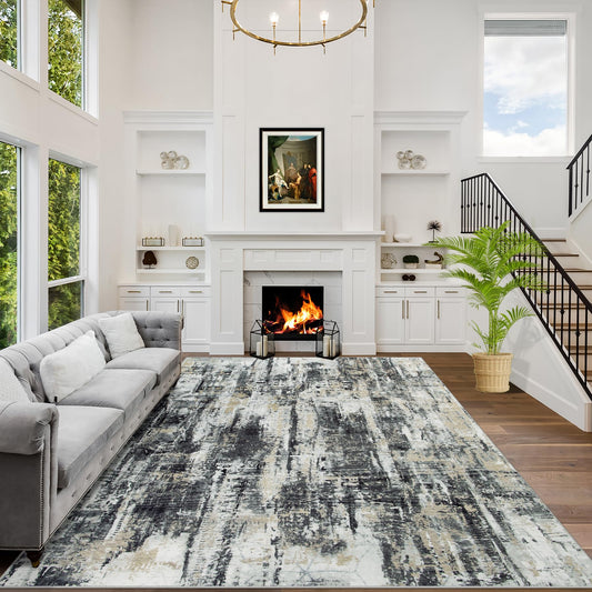 6x9 Area Rugs Washable Rug: Large Modern Abstract Living Room Rug Soft Anti-Skid Thin Carpet Indoor Floor Non-Shedding Carpets for Bedroom Dining Room Farmhouse Nursery Home Office Black Grey Gold