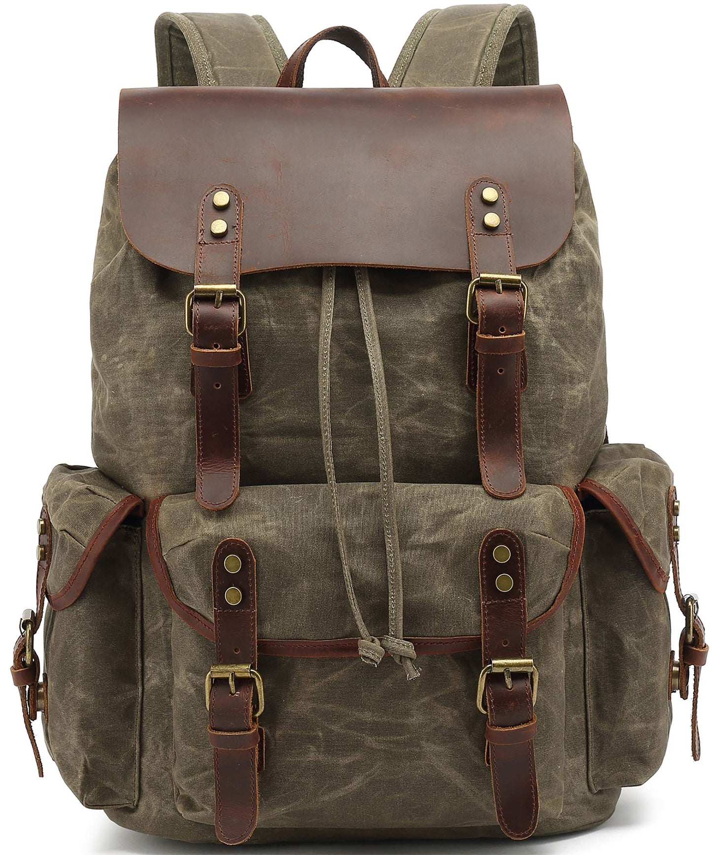 HuaChen Leather Backpack for Men,Waxed Canvas Shoulder Rucksack for Travel Laptop Bag OVERSIZE - M80 Army Green XL