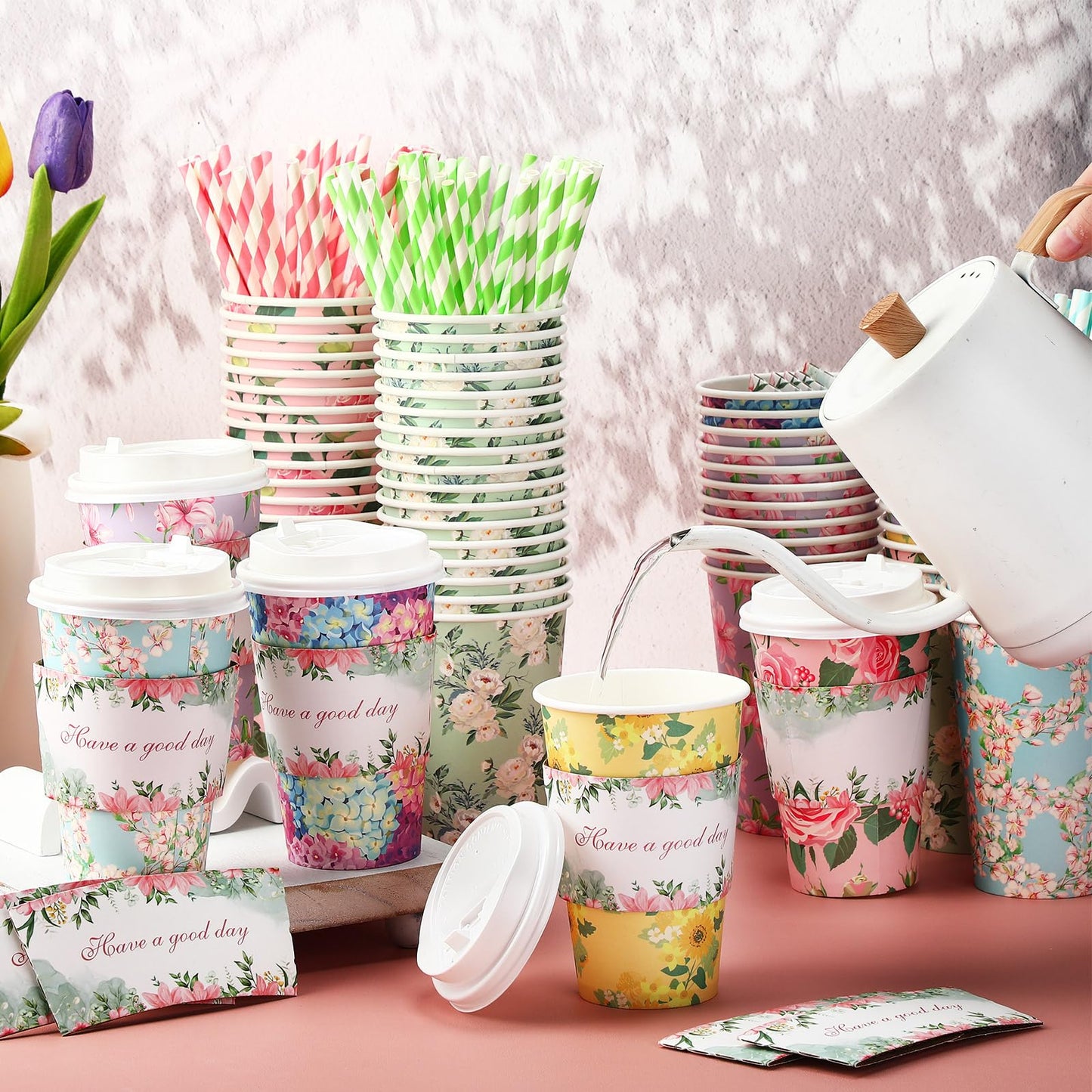 Jingmore 120 Set 16oz Disposable Paper Coffee Cups with Lids Sleeves Straws Holiday Paper Drinking Cups Bulk for Hot Cold Beverages Home Business Cafe Birthday Party Supplies (Floral)